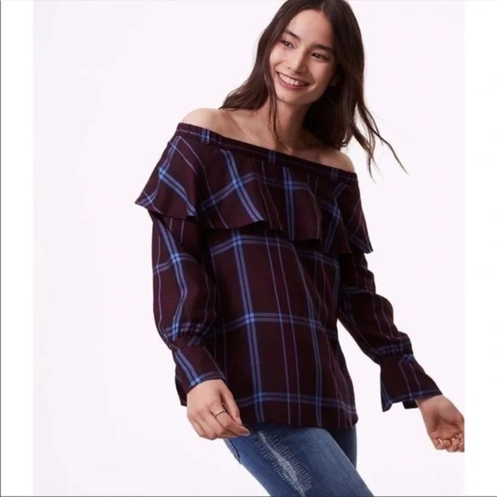 Purple plaid ruffle off shoulder blouse XSP plum y2k‎ academia minimal chic